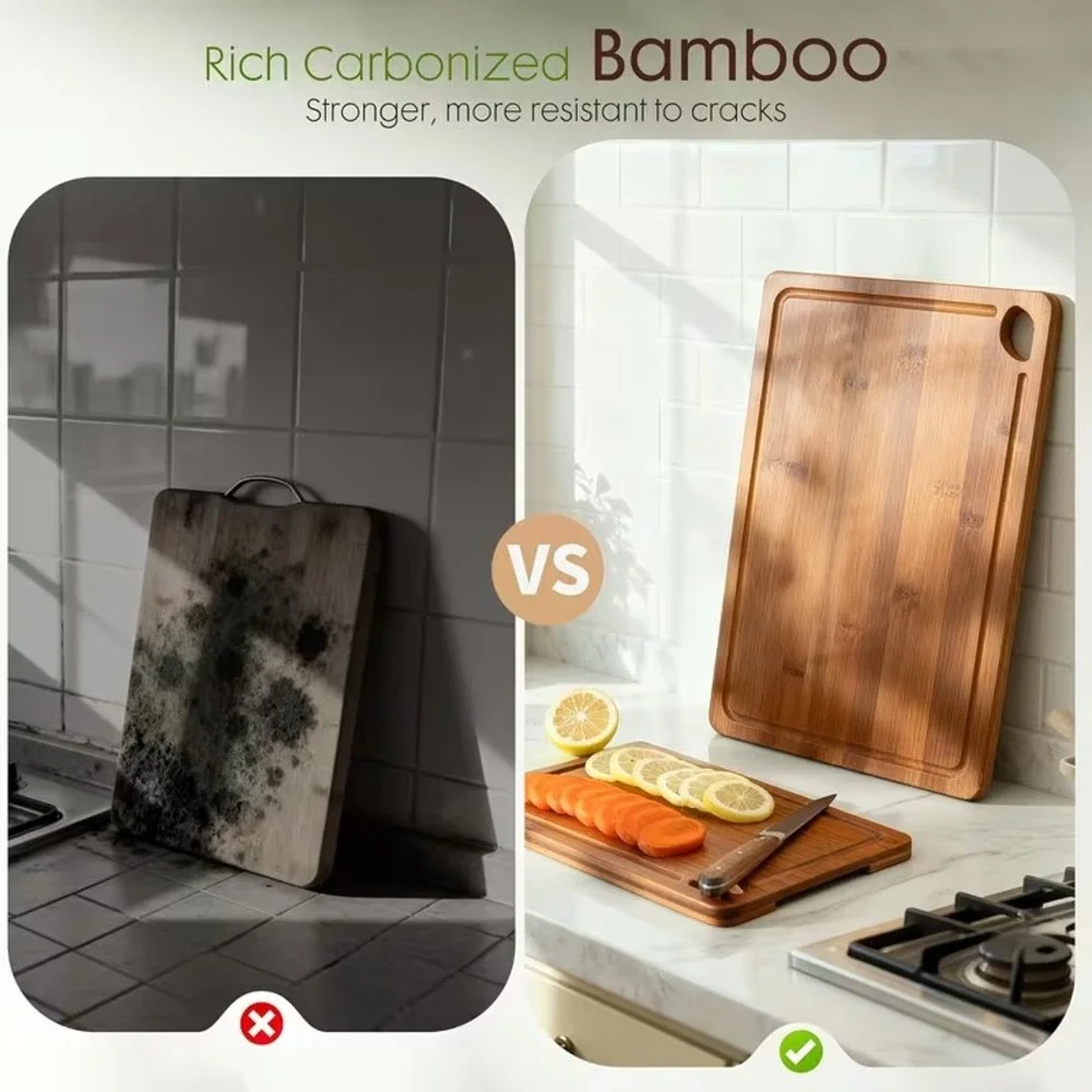 Bamboo Cutting Boards with Wood Storage Stand Deep Carbonized Grooved 3 Sizes